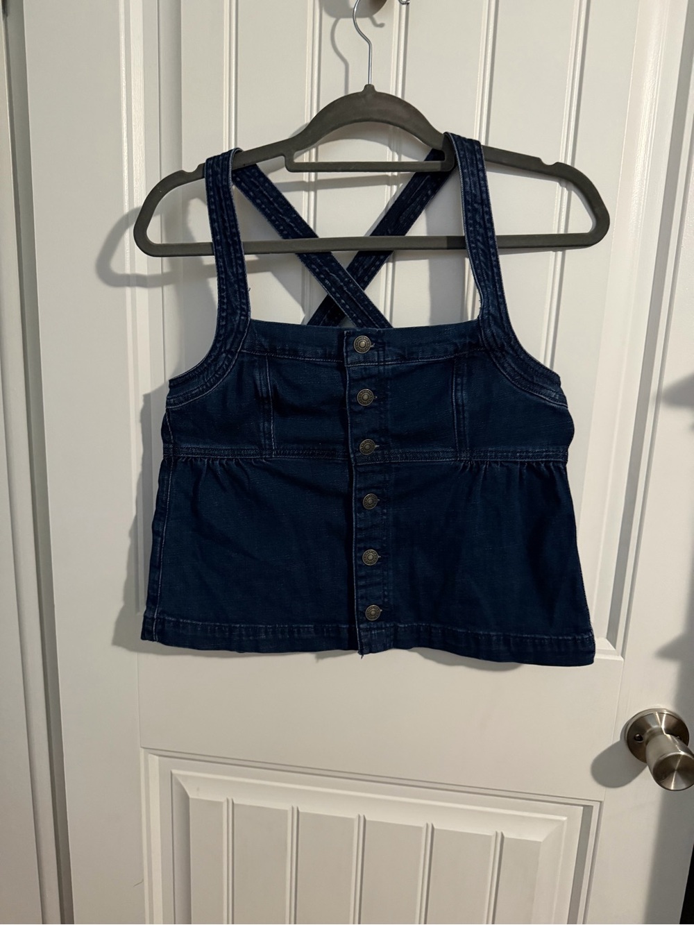 American Eagle Outfitters Dark Blue Denim Button Tank with Crisscross Straps